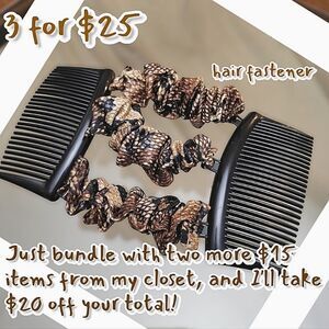 Vtg Y2K brown snake print double comb faux silk scrunchie hair fastener